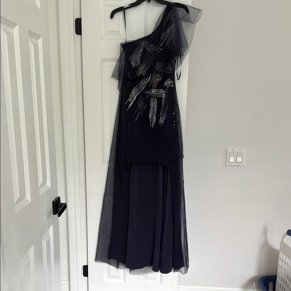 Malia Navy Blue High Low One Shoulder Dress Elegant Tulle and Sequins